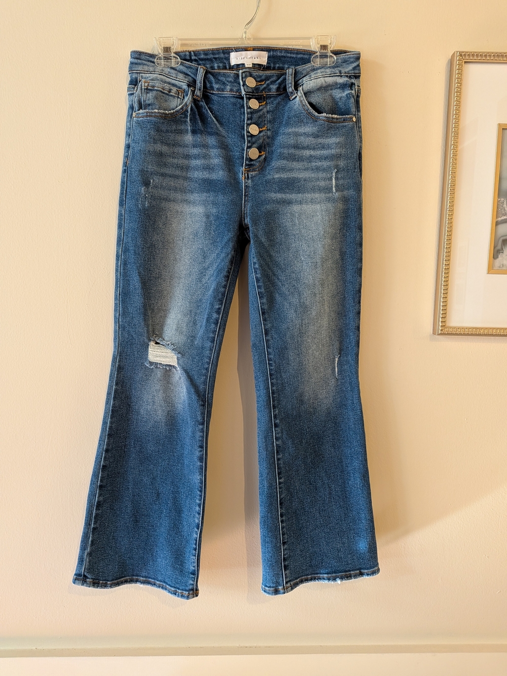 Risen High-Rise Button-Fly Distressed Flare Jeans in Medium Blue